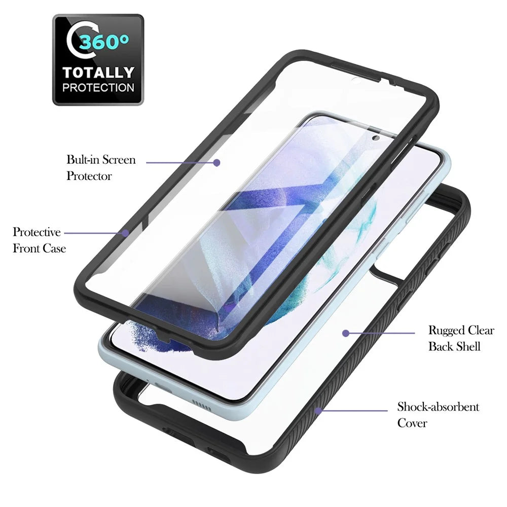 Full-Coverage Protection PC+TPU Combo Hybrid Case with PET Screen Protector for Samsung Galaxy S21 5G/4G - Black/Black Frame - 6