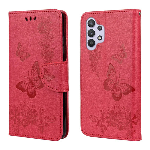 Butterflies Flower Pattern Design Imprinting Leather Wallet Stand Case for Samsung Galaxy A32 4G (EU Version) - Red - 1