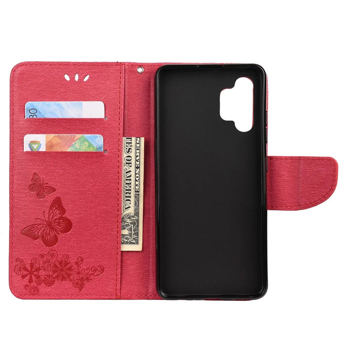 Butterflies Flower Pattern Design Imprinting Leather Wallet Stand Case for Samsung Galaxy A32 4G (EU Version) - Red - 3