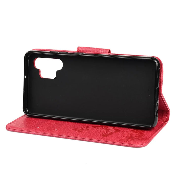 Butterflies Flower Pattern Design Imprinting Leather Wallet Stand Case for Samsung Galaxy A32 4G (EU Version) - Red - 4