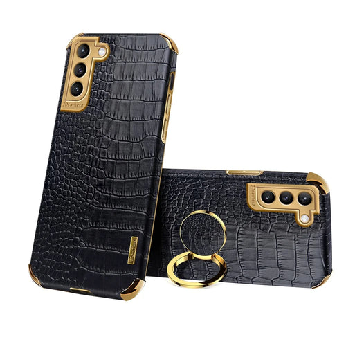Precise Cutout Electroplating Crocodile Texture PU Leather Coated TPU Phone Cover with Ring Holder for Samsung Galaxy S21 Plus 5G - Black - 1