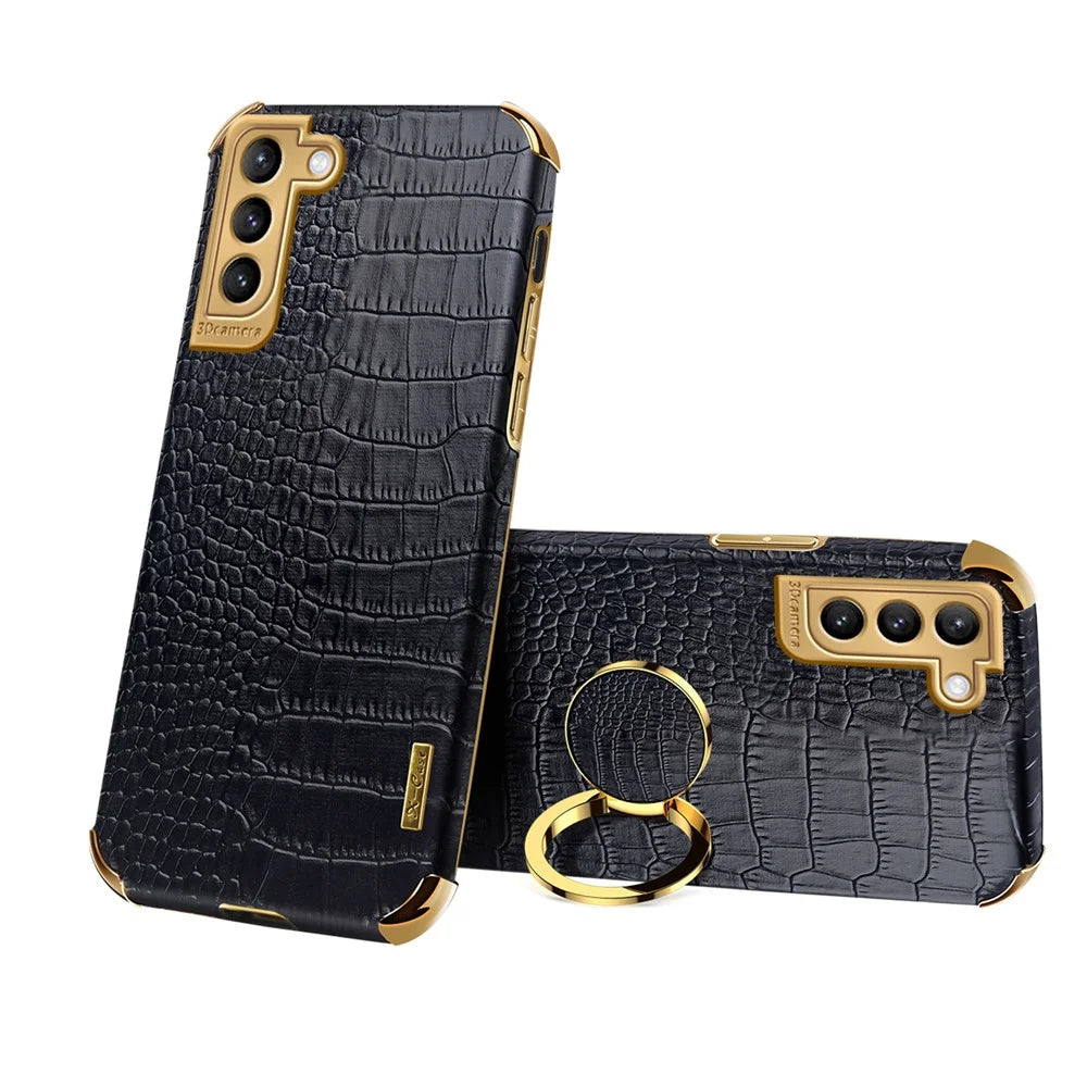 Precise Cutout Electroplating Crocodile Texture PU Leather Coated TPU Phone Cover with Ring Holder for Samsung Galaxy S21 Plus 5G - Black - 1