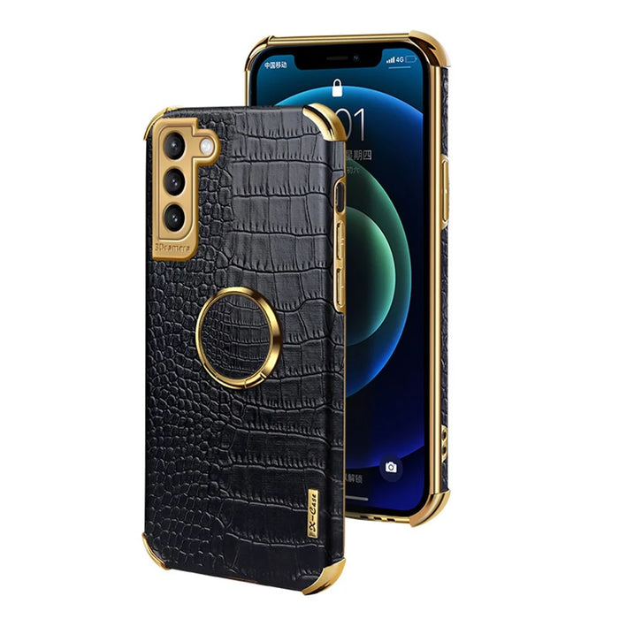 Precise Cutout Electroplating Crocodile Texture PU Leather Coated TPU Phone Cover with Ring Holder for Samsung Galaxy S21 Plus 5G - Black - 2