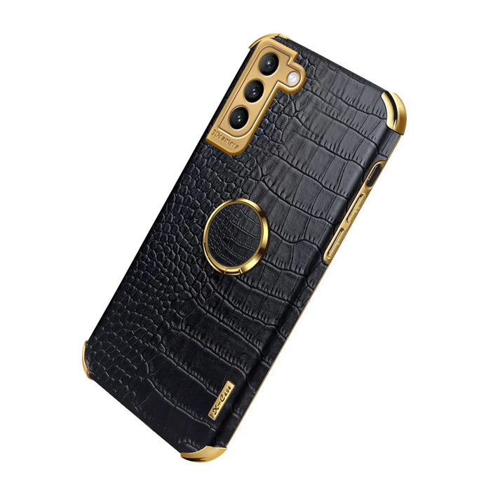 Precise Cutout Electroplating Crocodile Texture PU Leather Coated TPU Phone Cover with Ring Holder for Samsung Galaxy S21 Plus 5G - Black - 3