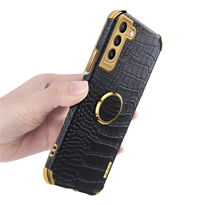 Precise Cutout Electroplating Crocodile Texture PU Leather Coated TPU Phone Cover with Ring Holder for Samsung Galaxy S21 Plus 5G - Black - 7