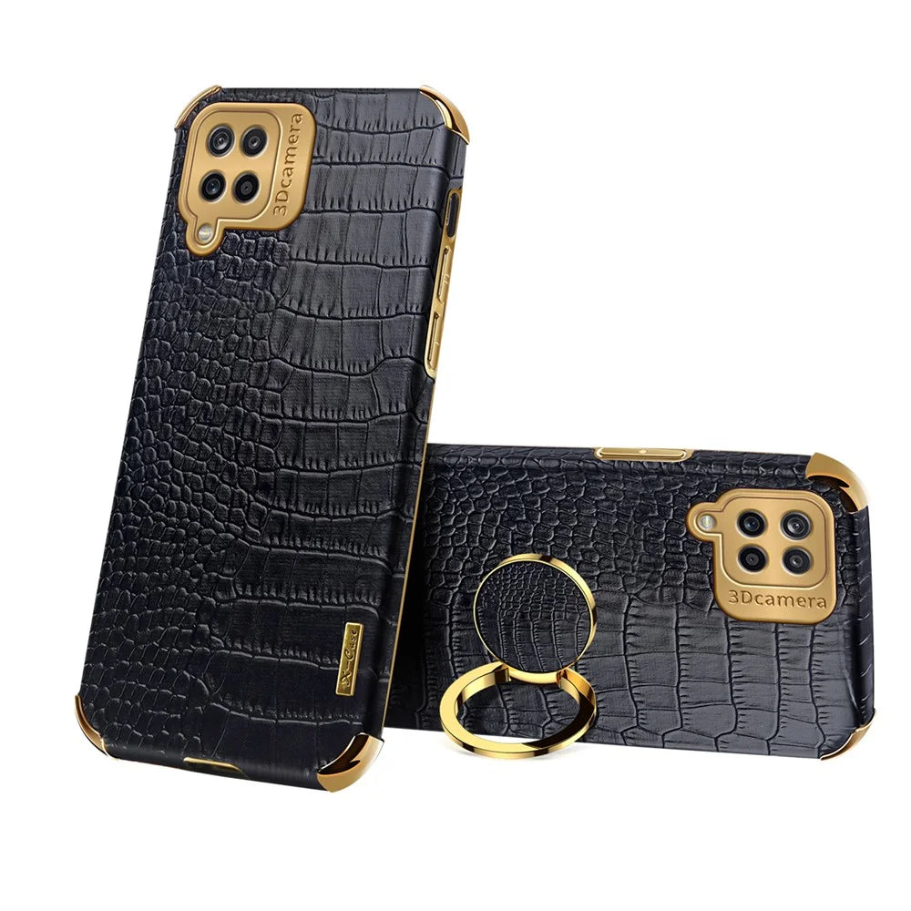 Electroplating Crocodile Texture PU Leather Design Precise Cutout TPU Phone Cover with Ring Holder for Samsung Galaxy A12 - Black - 1