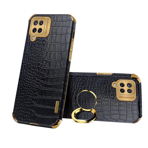 Electroplating Crocodile Texture PU Leather Design Precise Cutout TPU Phone Cover with Ring Holder for Samsung Galaxy A12 - Black - 1