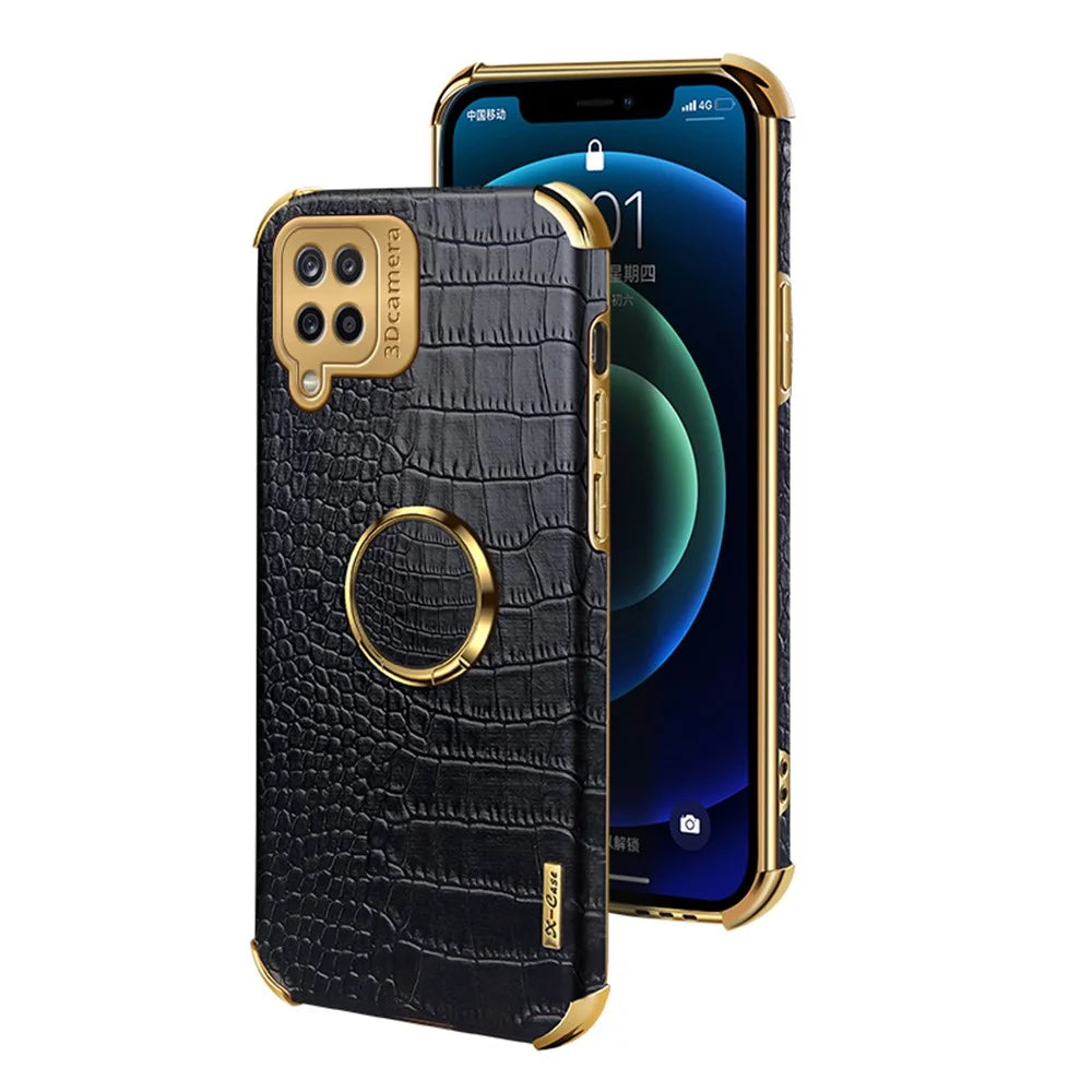 Electroplating Crocodile Texture PU Leather Design Precise Cutout TPU Phone Cover with Ring Holder for Samsung Galaxy A12 - Black - 2