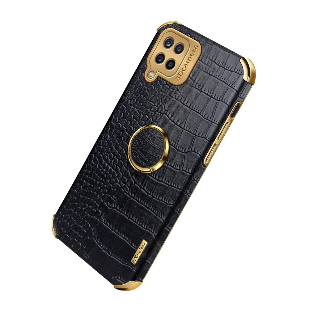 Electroplating Crocodile Texture PU Leather Design Precise Cutout TPU Phone Cover with Ring Holder for Samsung Galaxy A12 - Black - 3