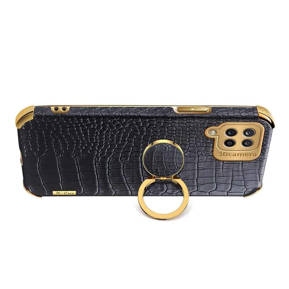 Electroplating Crocodile Texture PU Leather Design Precise Cutout TPU Phone Cover with Ring Holder for Samsung Galaxy A12 - Black - 5