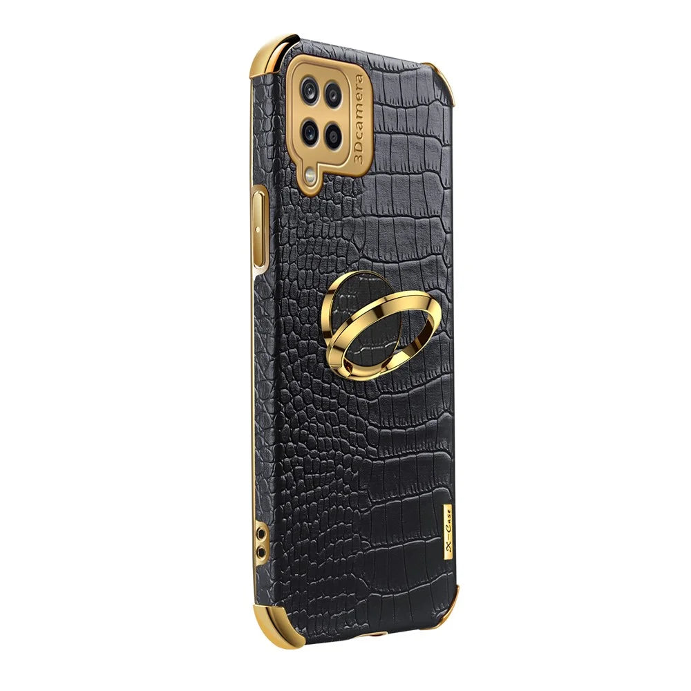 Electroplating Crocodile Texture PU Leather Design Precise Cutout TPU Phone Cover with Ring Holder for Samsung Galaxy A12 - Black - 6