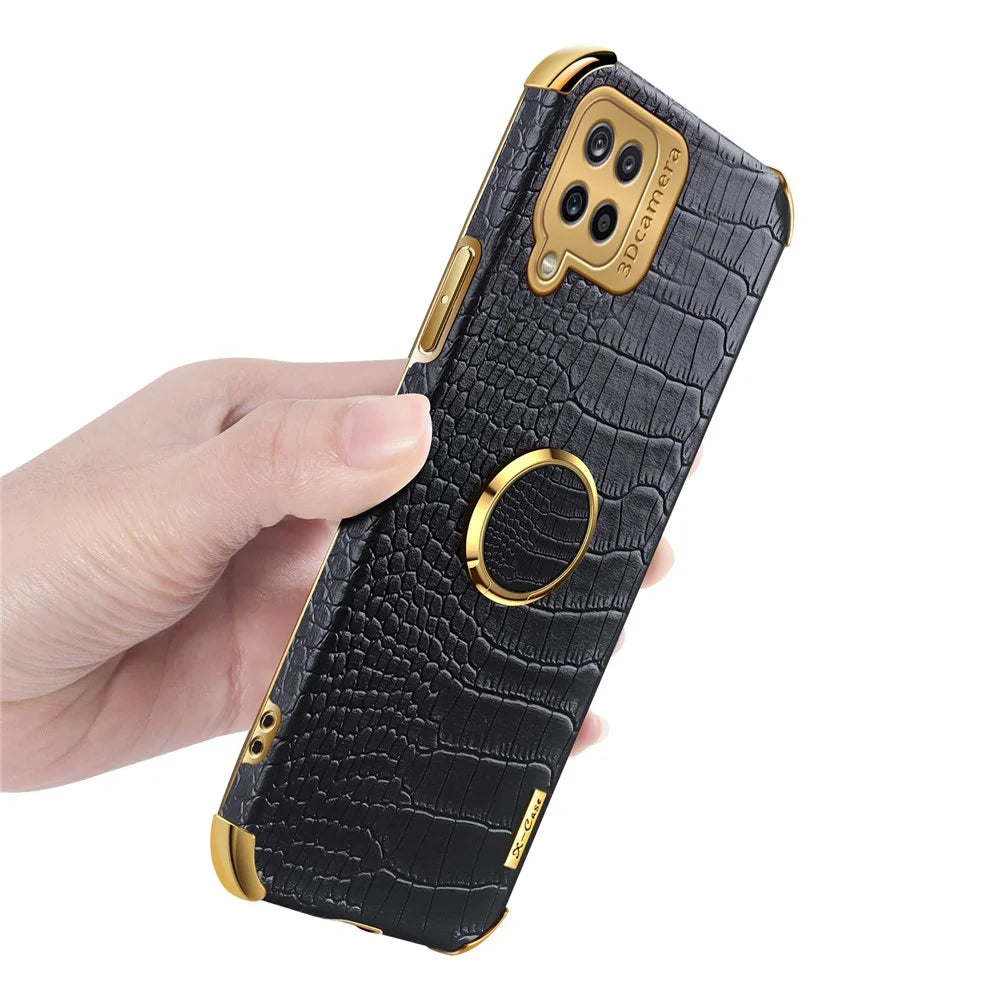 Electroplating Crocodile Texture PU Leather Design Precise Cutout TPU Phone Cover with Ring Holder for Samsung Galaxy A12 - Black - 7