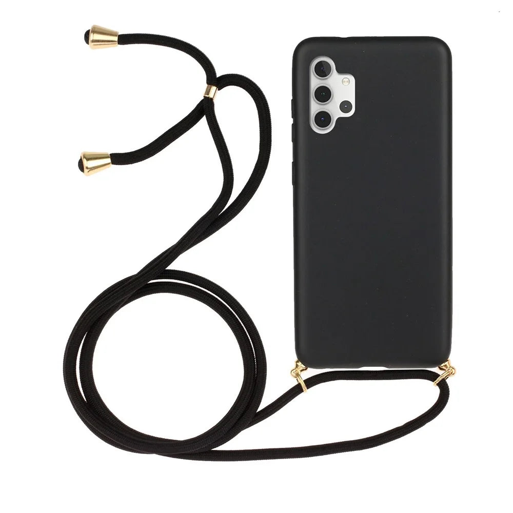 Eco-Friendly Natural Wheat Straw Soft TPU Phone Case with Multi-function Strap for Samsung Galaxy A32 5G/M32 5G - Black - 1