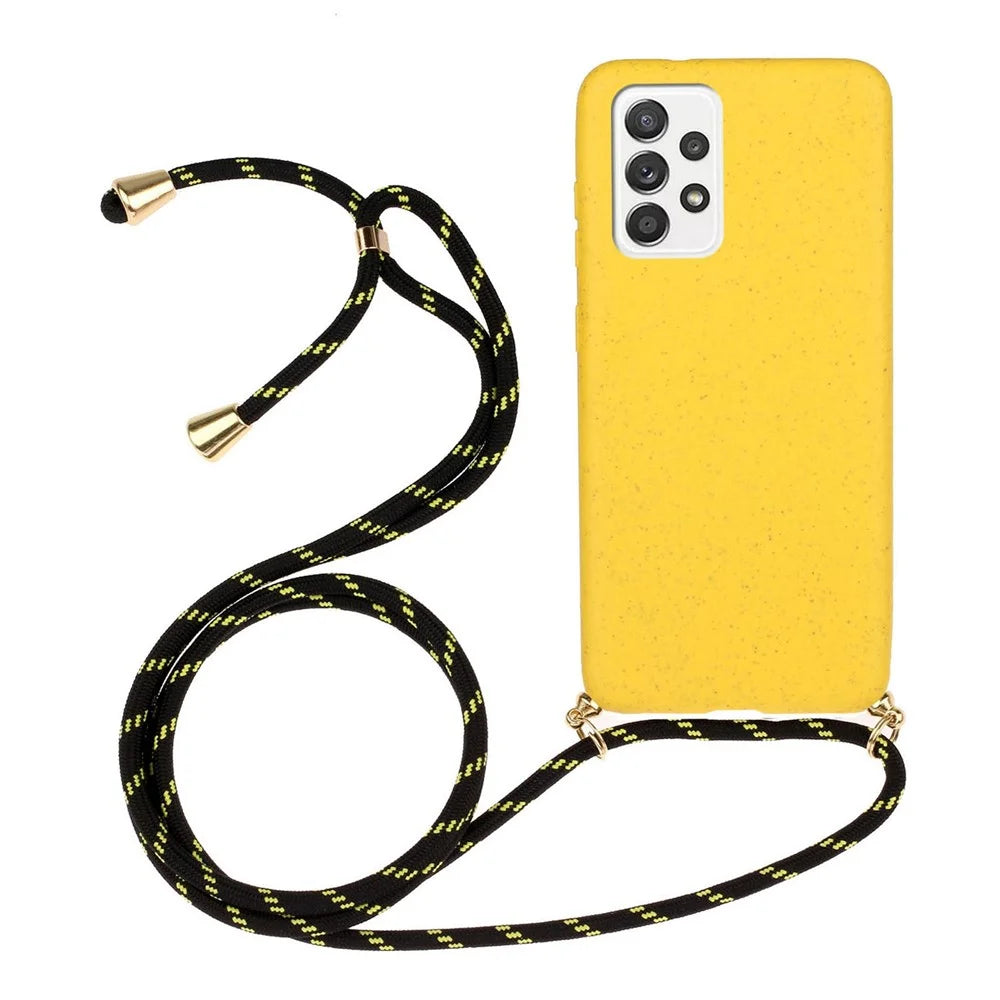 For Samsung Galaxy A52 5G/4G / A52s 5G Wheat Straw Style Soft TPU Phone Case with Long Hanging Strap - Yellow - 1