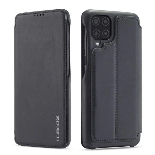 LC.IMEEKE Retro Style Leather Phone Case Cover with Card Holder for Samsung Galaxy A12 - Black - 1
