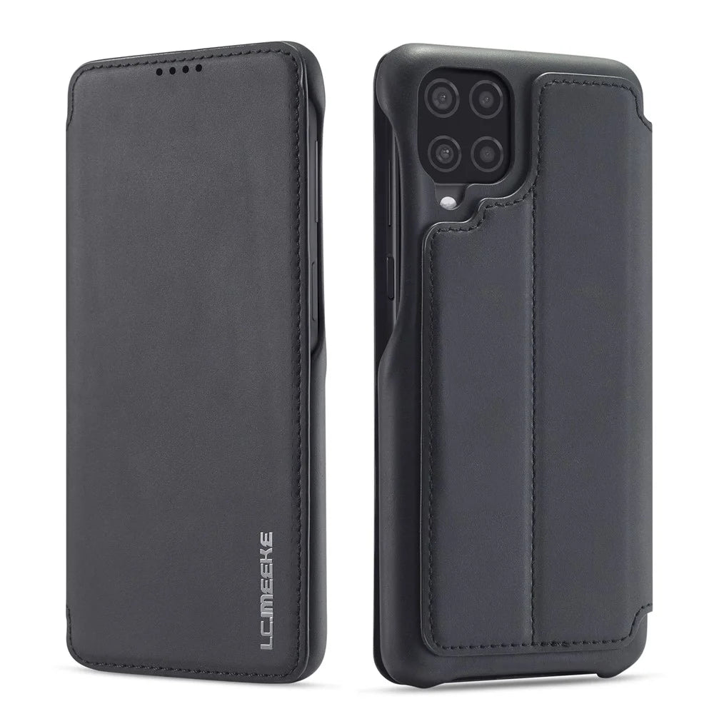 LC.IMEEKE Retro Style Leather Phone Case Cover with Card Holder for Samsung Galaxy A12 - Black - 1