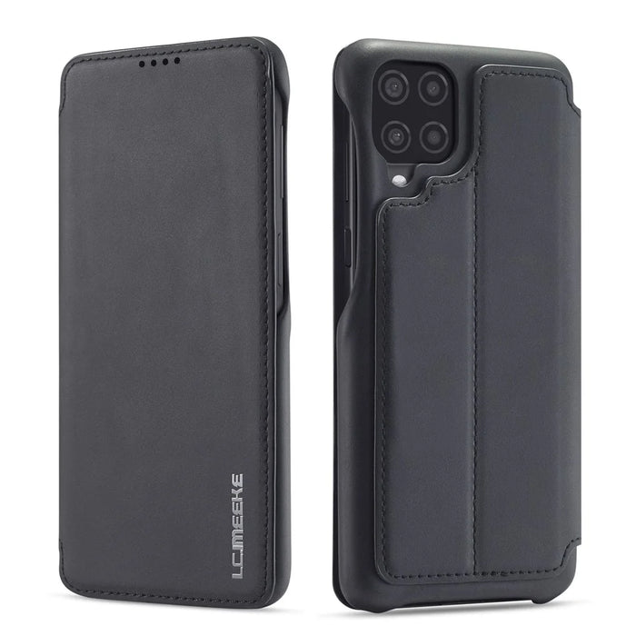LC.IMEEKE Retro Style Leather Phone Case Cover with Card Holder for Samsung Galaxy A12 - Black - 1