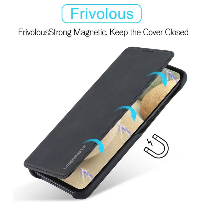 LC.IMEEKE Retro Style Leather Phone Case Cover with Card Holder for Samsung Galaxy A12 - Black - 3