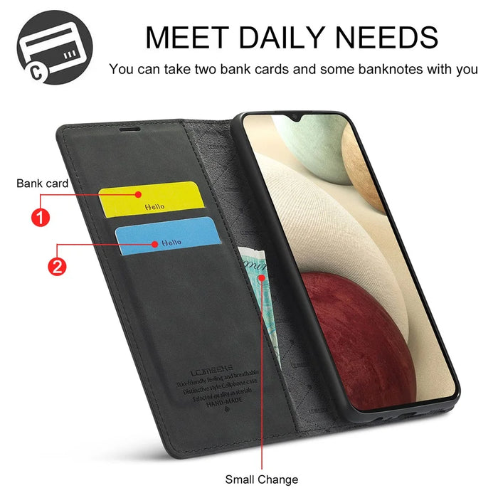 LC.IMEEKE LC Strong Magnetic Series Leather Wallet Phone Protective Shell for Samsung Galaxy A12 - Black - 6