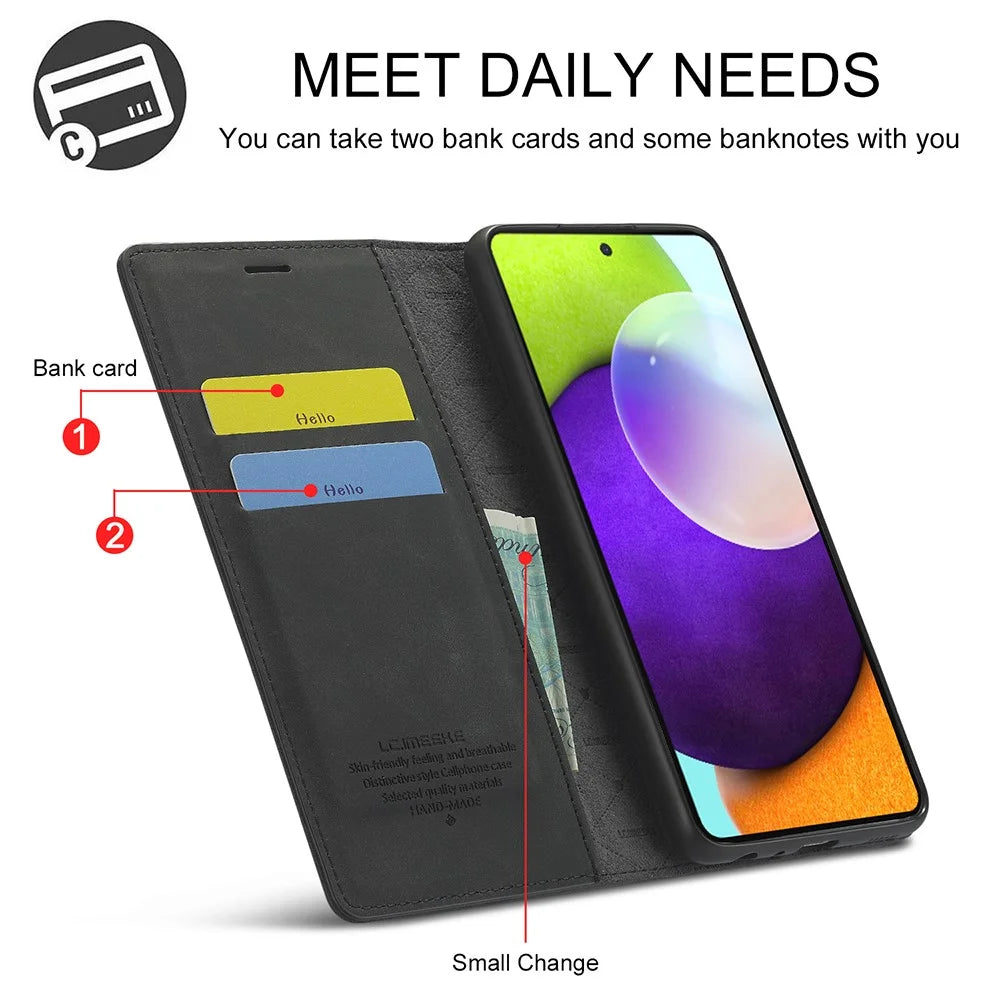 LC.IMEEKE LC Strong Magnetic Series Leather Wallet Phone Protective Shell for Samsung Galaxy A52 4G/5G / A52s 5G - Black - 6