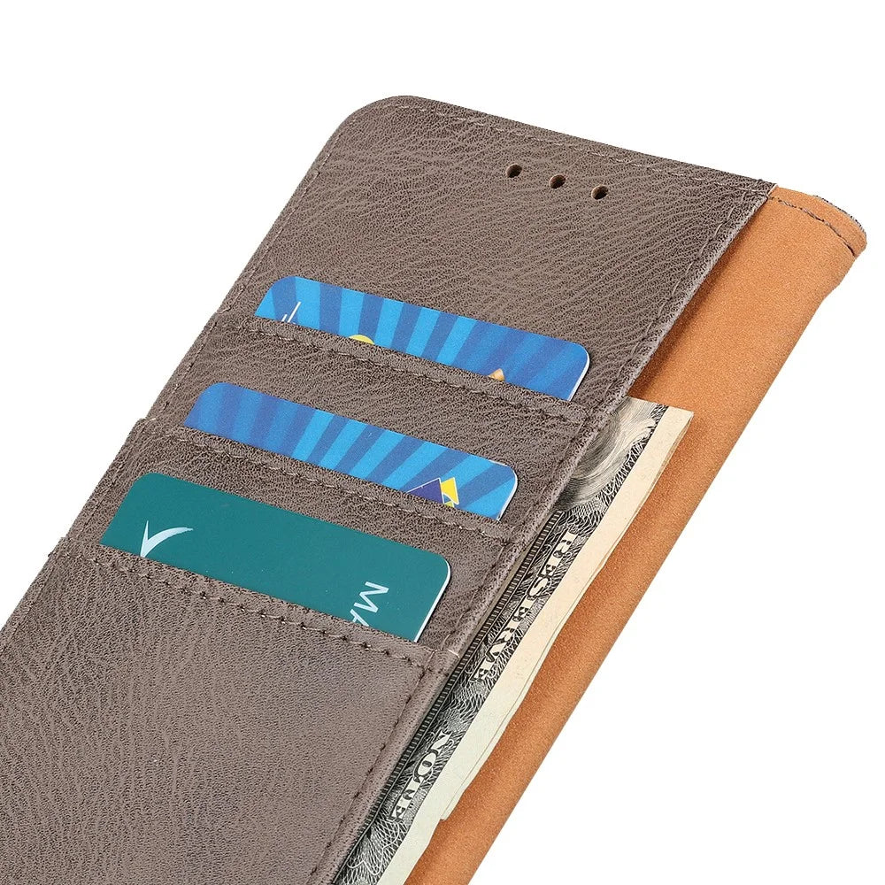 KHAZNEH Magnetic Buckle Design Wallet Stand PU Leather Phone Shell Case for Samsung Galaxy Xcover 5 / 5s - Grey - 7
