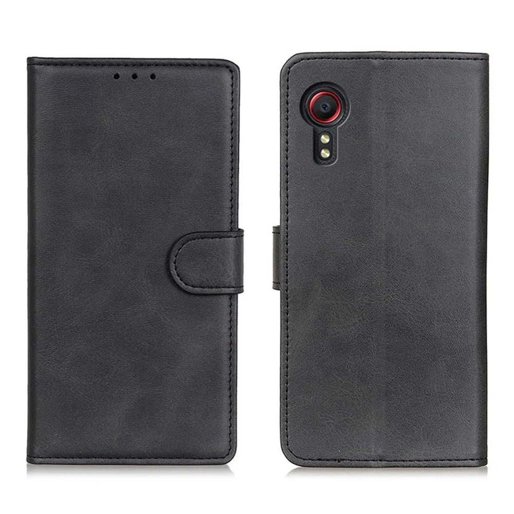 For Samsung Galaxy Xcover 5 Wallet Phone Case Shockproof Flip Cover Bi-color Leather Phone Protector with Stand - Black - 1