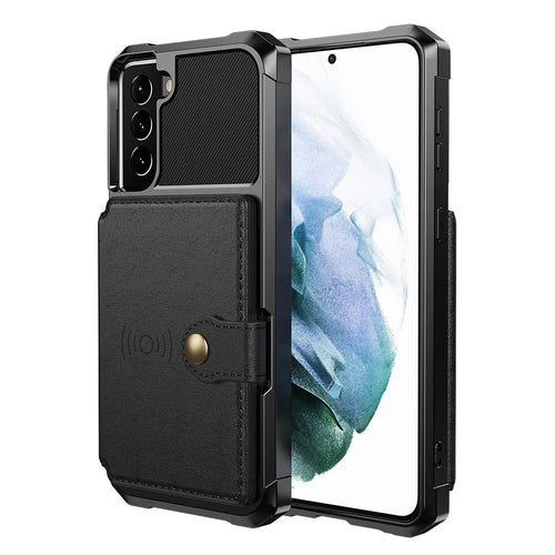 Kickstand Leather Coated TPU Protector Cover with Card Holder [Built-in Magnetic Sheet] for Samsung Galaxy S21+ 5G - Black - 1
