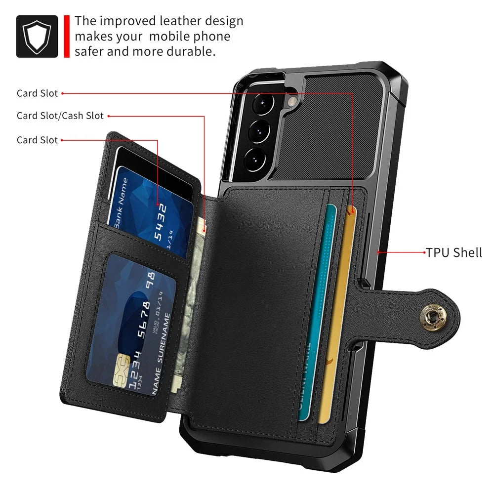 Kickstand Leather Coated TPU Protector Cover with Card Holder [Built-in Magnetic Sheet] for Samsung Galaxy S21+ 5G - Black - 2