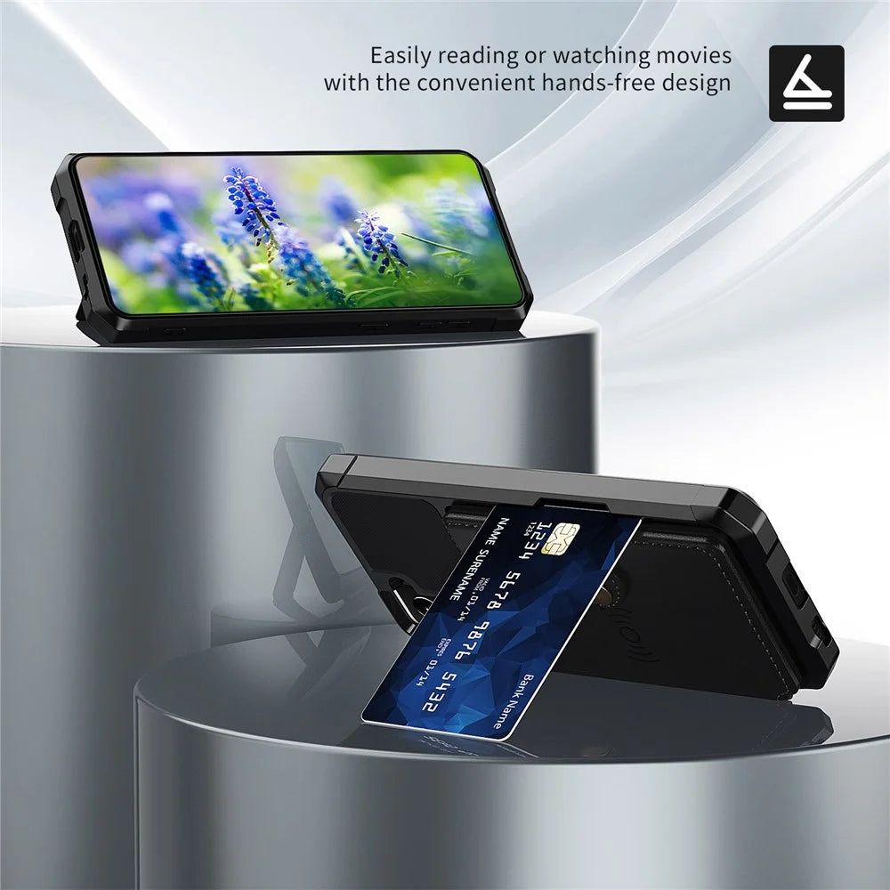 Kickstand Leather Coated TPU Protector Cover with Card Holder [Built-in Magnetic Sheet] for Samsung Galaxy S21+ 5G - Black - 3