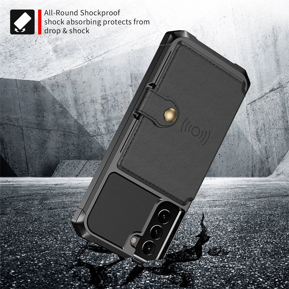 Kickstand Leather Coated TPU Protector Cover with Card Holder [Built-in Magnetic Sheet] for Samsung Galaxy S21+ 5G - Black - 4