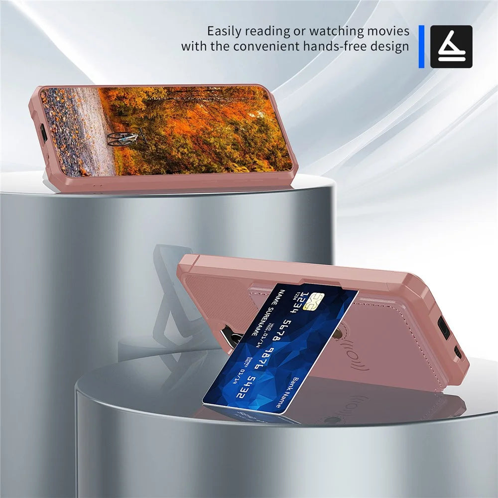 Kickstand Leather Coated TPU Protector Cover with Card Holder [Built-in Magnetic Sheet] for Samsung Galaxy S21 5G/4G - Pink - 3