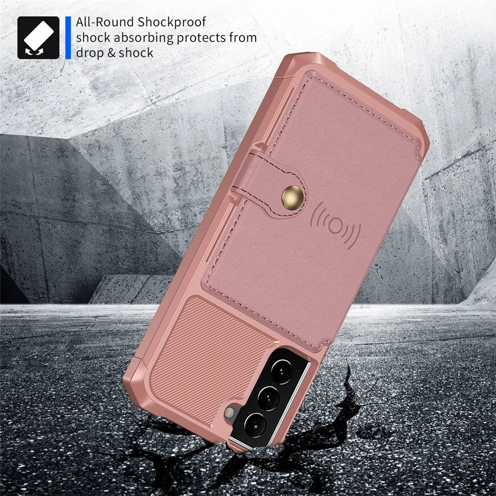 Kickstand Leather Coated TPU Protector Cover with Card Holder [Built-in Magnetic Sheet] for Samsung Galaxy S21 5G/4G - Pink - 4