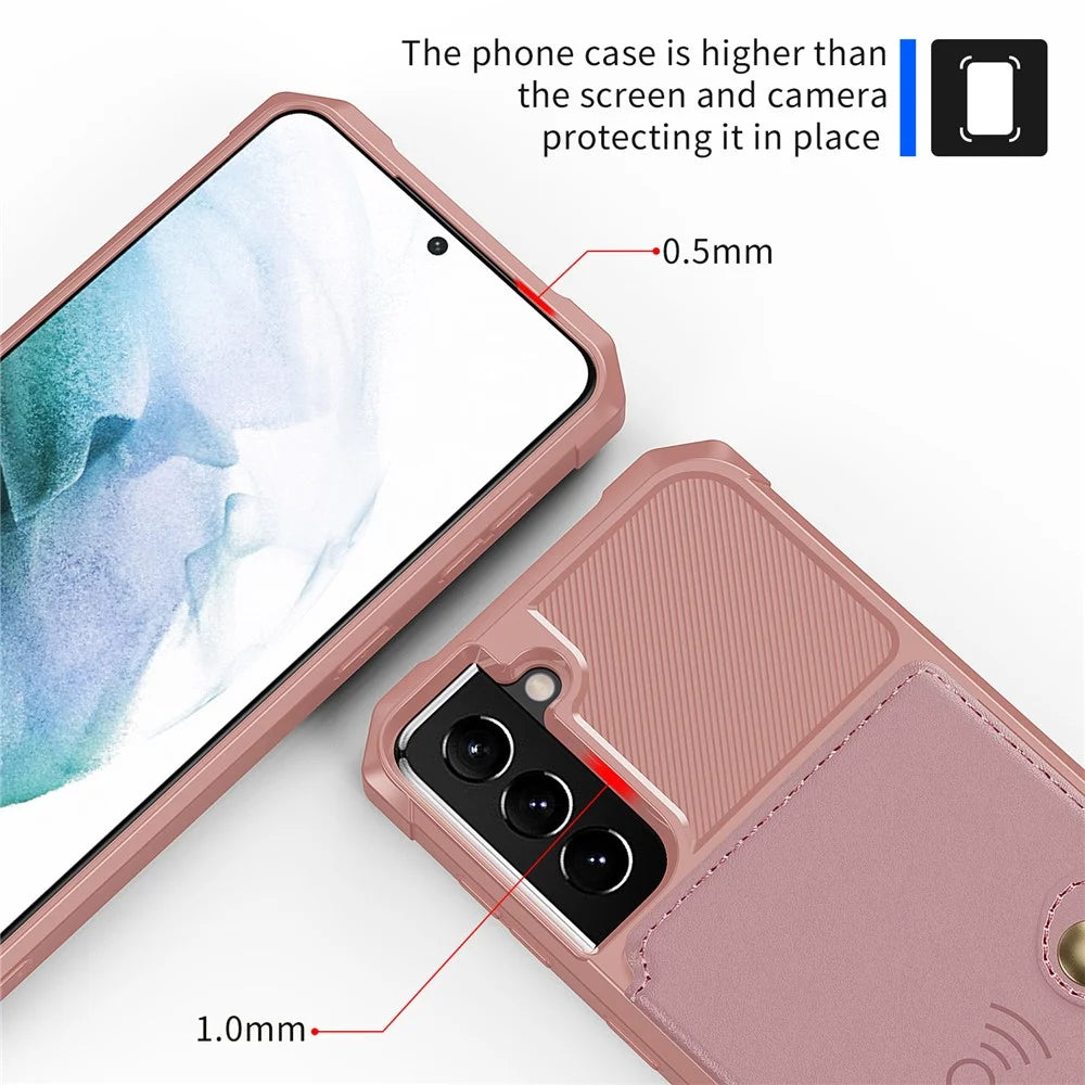 Kickstand Leather Coated TPU Protector Cover with Card Holder [Built-in Magnetic Sheet] for Samsung Galaxy S21 5G/4G - Pink - 6