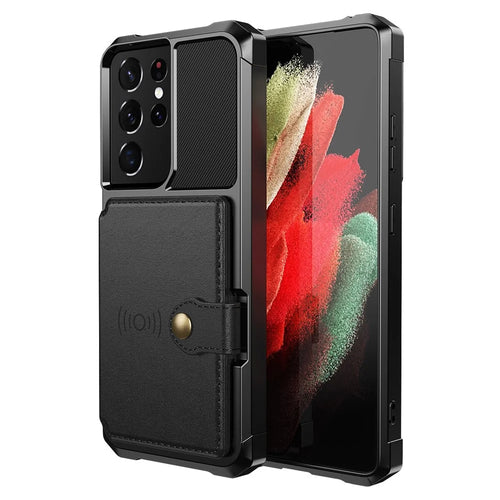 Kickstand Leather Coated TPU Protector Cover with Card Holder [Built-in Magnetic Sheet] for Samsung Galaxy S21 Ultra 5G - Black - 1