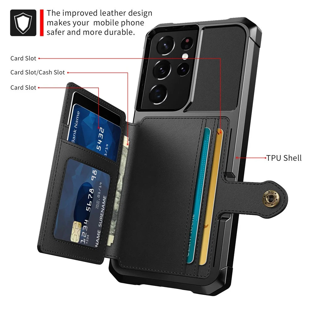 Kickstand Leather Coated TPU Protector Cover with Card Holder [Built-in Magnetic Sheet] for Samsung Galaxy S21 Ultra 5G - Black - 2