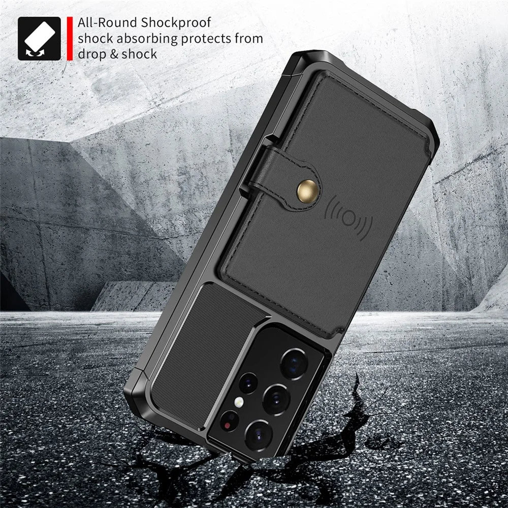 Kickstand Leather Coated TPU Protector Cover with Card Holder [Built-in Magnetic Sheet] for Samsung Galaxy S21 Ultra 5G - Black - 4