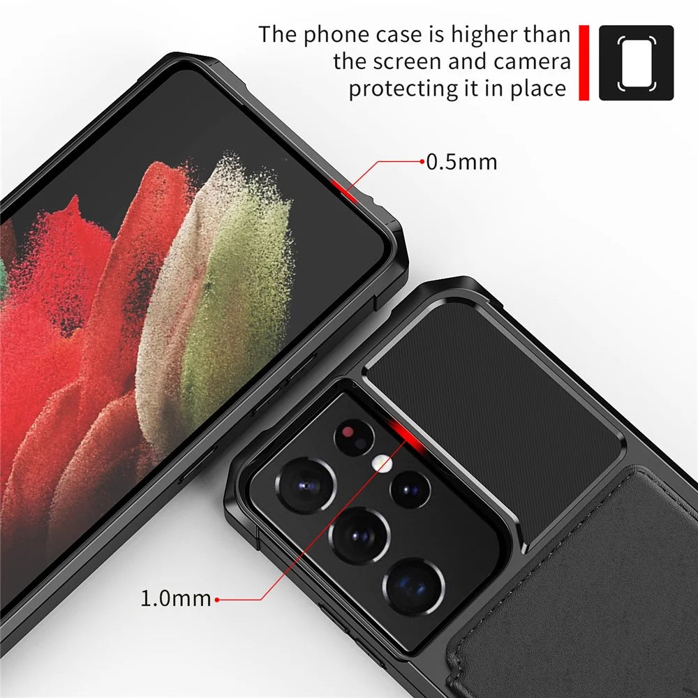 Kickstand Leather Coated TPU Protector Cover with Card Holder [Built-in Magnetic Sheet] for Samsung Galaxy S21 Ultra 5G - Black - 6