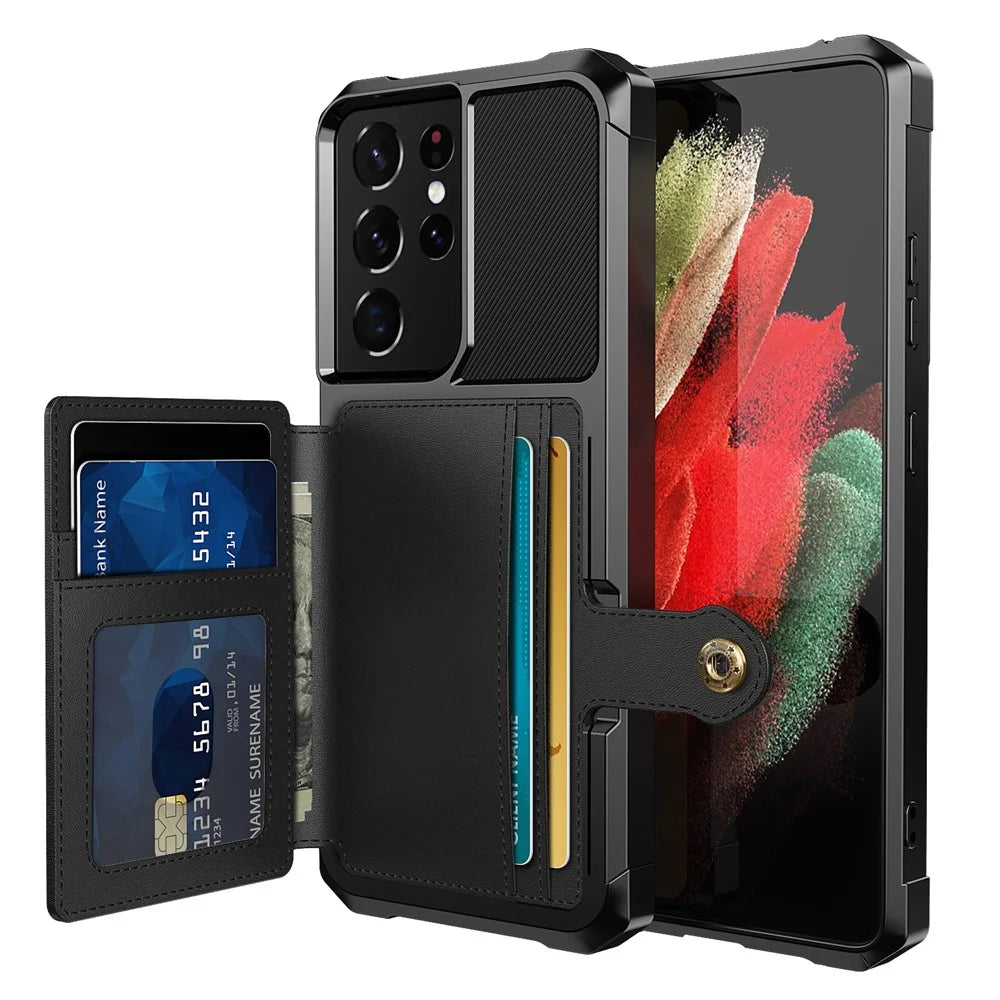 Kickstand Leather Coated TPU Protector Cover with Card Holder [Built-in Magnetic Sheet] for Samsung Galaxy S21 Ultra 5G - Black - 7