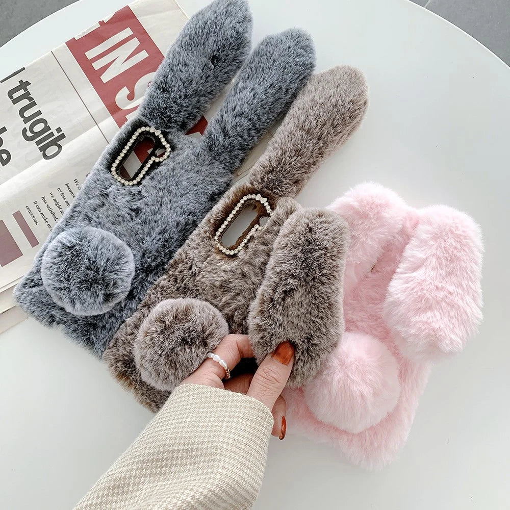 Rabbit Shape Fluffy Fur Coated TPU Phone Cover Shell for Samsung Galaxy S21 5G/4G - Dark Grey - 6