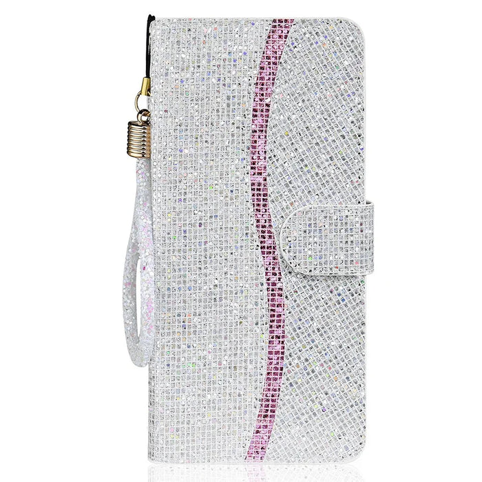 Glittery Powder Splicing Wallet Leather Case Stand Cover with Strap for Samsung Galaxy A32 5G/M32 5G - Silver - 1