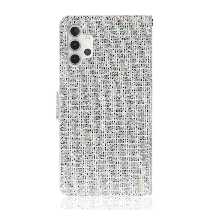 Glittery Powder Splicing Wallet Leather Case Stand Cover with Strap for Samsung Galaxy A32 5G/M32 5G - Silver - 2