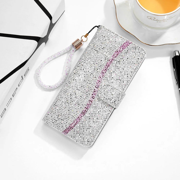 Glittery Powder Splicing Wallet Leather Case Stand Cover with Strap for Samsung Galaxy A32 5G/M32 5G - Silver - 3