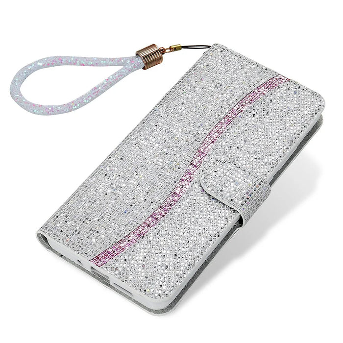 Glittery Powder Splicing Wallet Leather Case Stand Cover with Strap for Samsung Galaxy A32 5G/M32 5G - Silver - 6