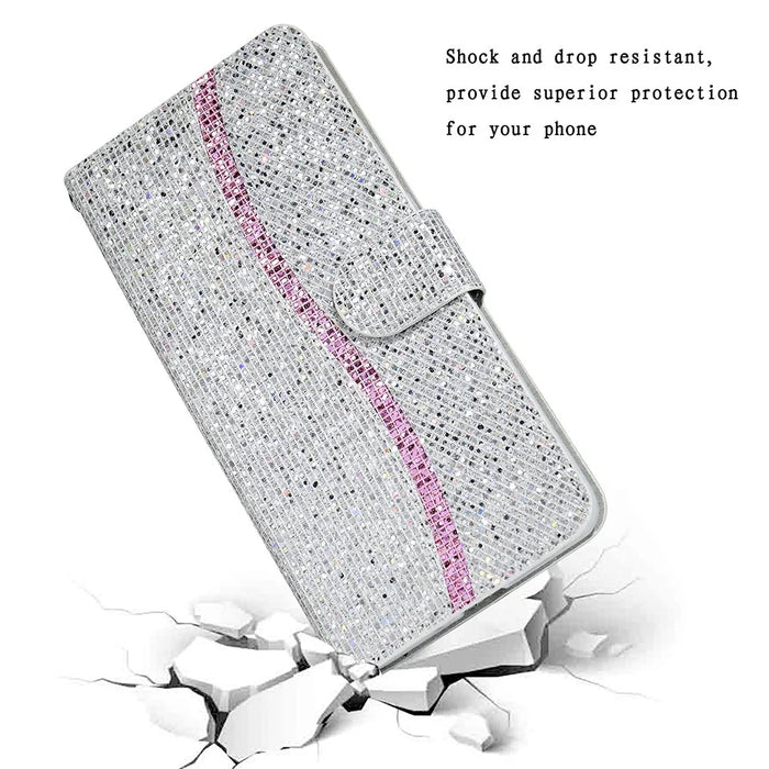 Glittery Powder Splicing Wallet Leather Case Stand Cover with Strap for Samsung Galaxy A32 5G/M32 5G - Silver - 7