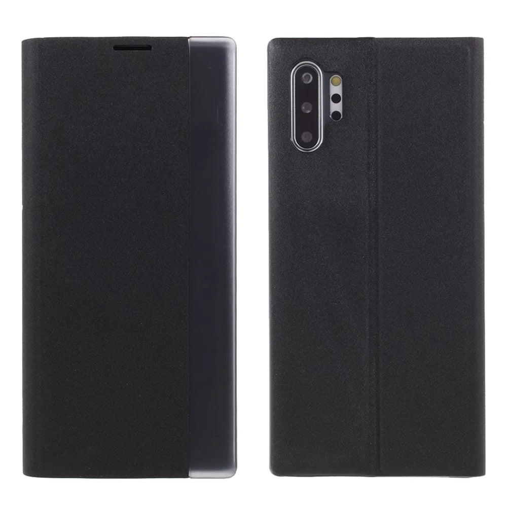 For Samsung Galaxy Note 10 Plus PU Leather Auto-Absorbed Shell View Window Stand Phone Case - Black - 1