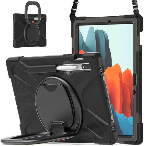 360 Degree Swivel PC + Silicone Kickstand Case with Shoulder Strap for Samsung Galaxy Tab S9 FE / S9 / S7 / Tab S8 - All Balck - 1