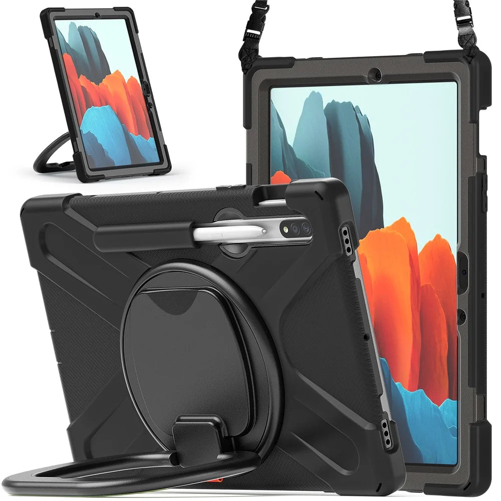 360 Degree Swivel PC + Silicone Kickstand Case with Shoulder Strap for Samsung Galaxy Tab S9 FE / S9 / S7 / Tab S8 - All Balck - 2