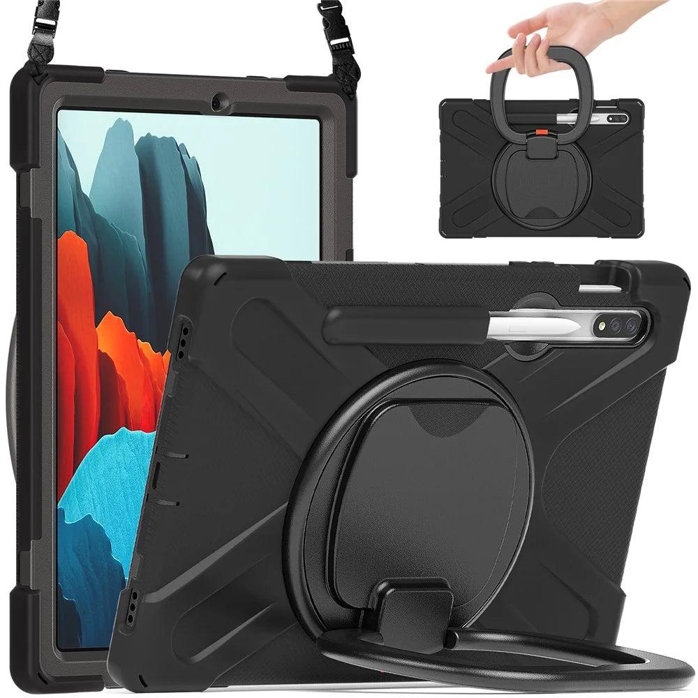 360 Degree Swivel PC + Silicone Kickstand Case with Shoulder Strap for Samsung Galaxy Tab S9 FE / S9 / S7 / Tab S8 - All Balck - 3
