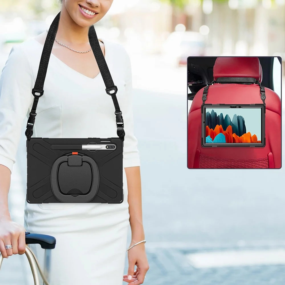 360 Degree Swivel PC + Silicone Kickstand Case with Shoulder Strap for Samsung Galaxy Tab S9 FE / S9 / S7 / Tab S8 - All Balck - 4