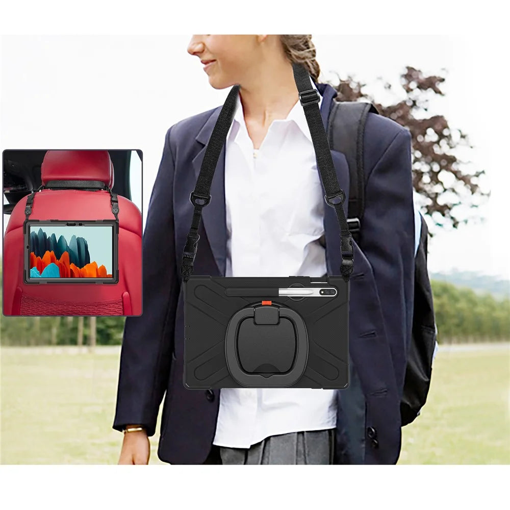 360 Degree Swivel PC + Silicone Kickstand Case with Shoulder Strap for Samsung Galaxy Tab S9 FE / S9 / S7 / Tab S8 - All Balck - 5